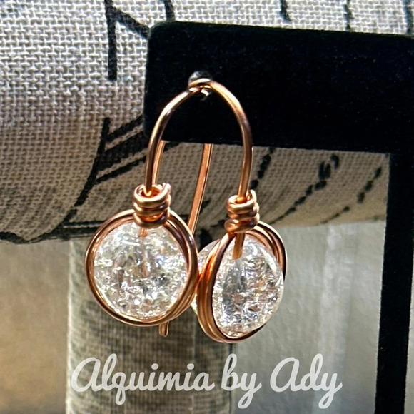 Crackled Clear Quartz and copper spheres dangle drops earrings - Picture 2 of 5